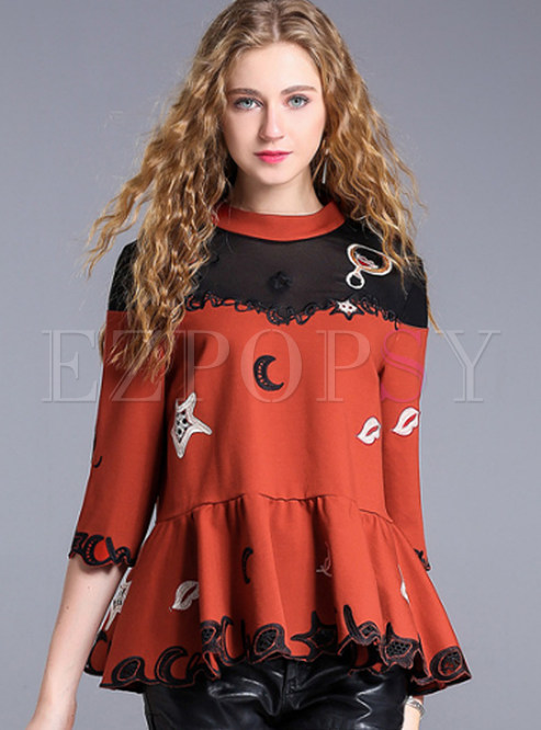 Red Casual Embroidery Patchwork T-shirt