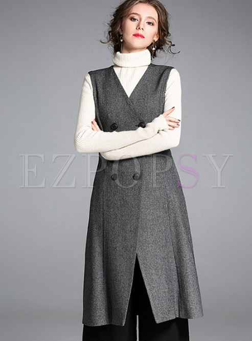 Chic Grey Double-breasted V-neck Vest
