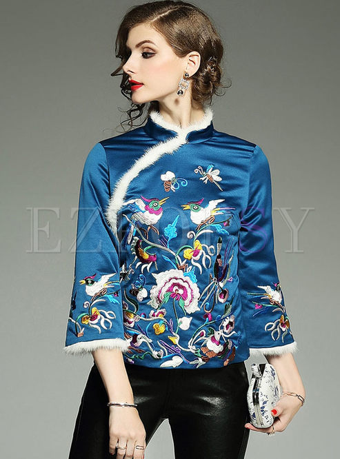 Ethnic Embroidery Fur Collar Short Thick Coat