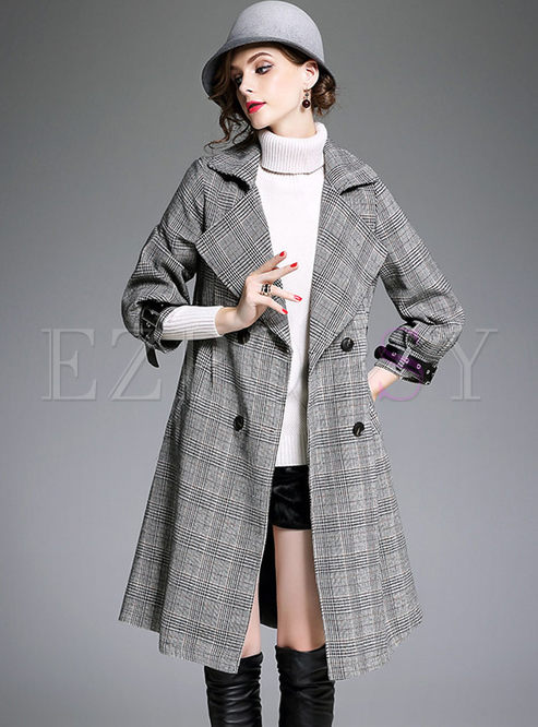 Plaid Double-breasted Turn Down Collar Trench Coat