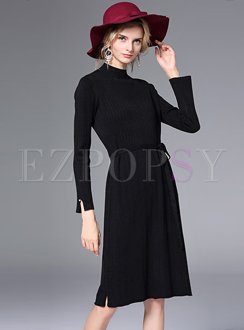 Brief Belted Long Sleeve Slim Knitted Dress