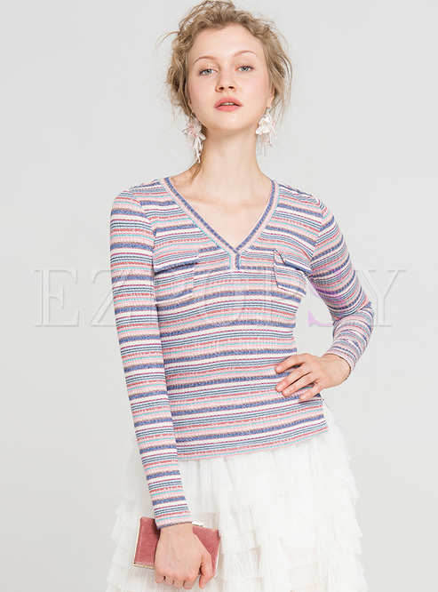Brief Slim V-neck Striped Sweater