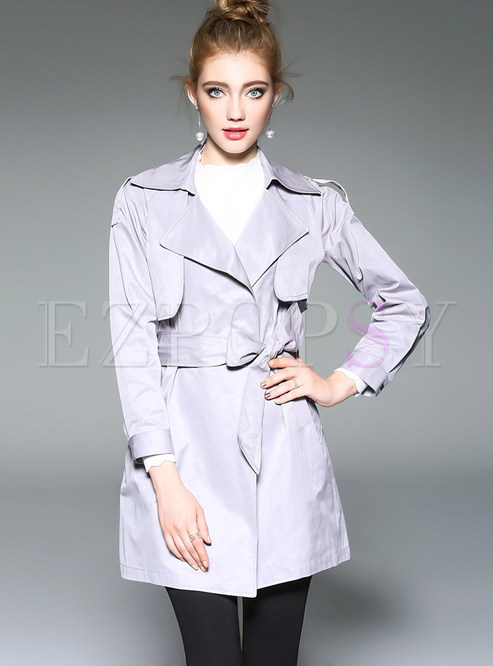 Grey Fashion Belted Turn Down Collar Trench Coat