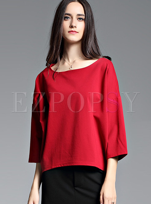 Red Casual O-neck Three Quarters Sleeve T-shirt