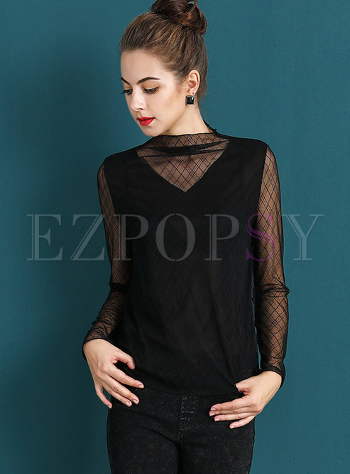 Sexy See-through Patchwork Long Sleeve T-shirt