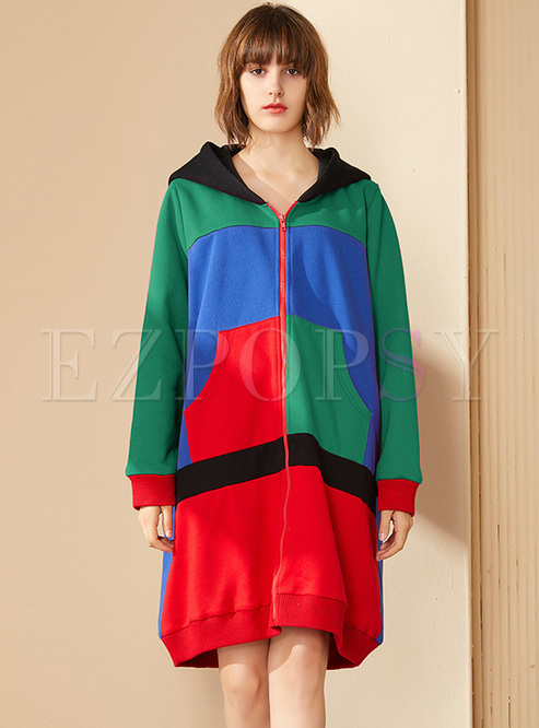 Casual Color-blocked Hooded Coat