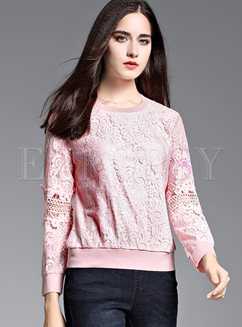 Pink Stylish O-neck Lace Hollow Out Hoodie
