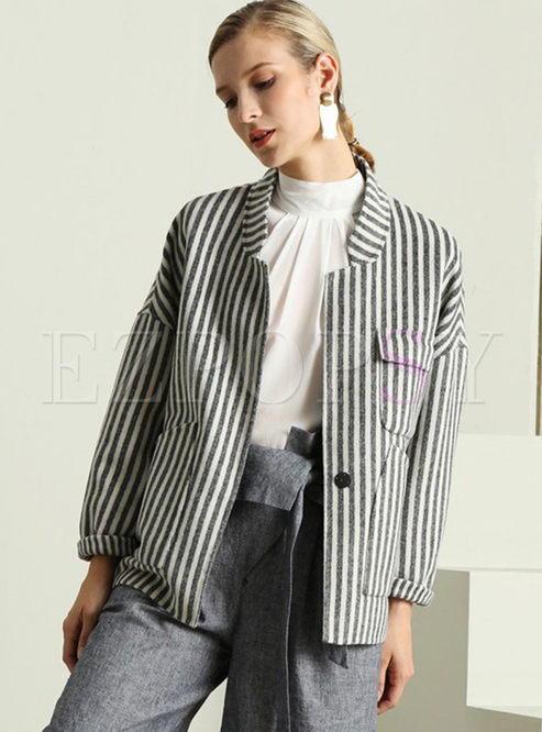 Stylish Striped Stand Collar Pockets Woolen Coat