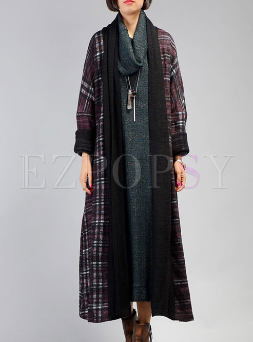 Fashionable Plaid Splicing Thick Woolen Coat