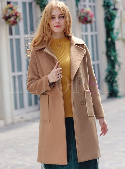 Brief Turn Collar Long Sleeve Woolen Coat