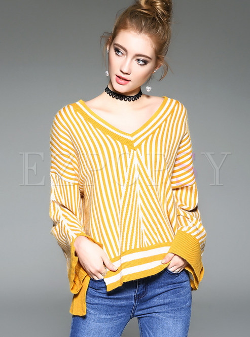 Yellow Casual V-neck Striped Sweater