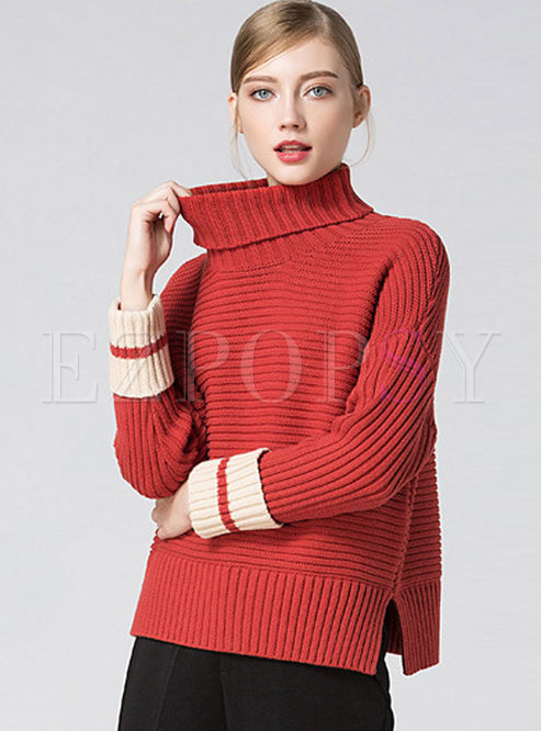 Hit Color Slit Turtle Neck Knitted Sweater