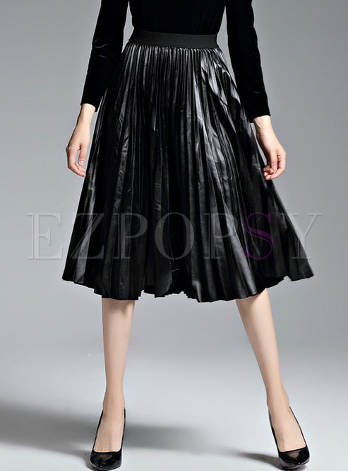Black Wash PU A-line Pleated Skirt