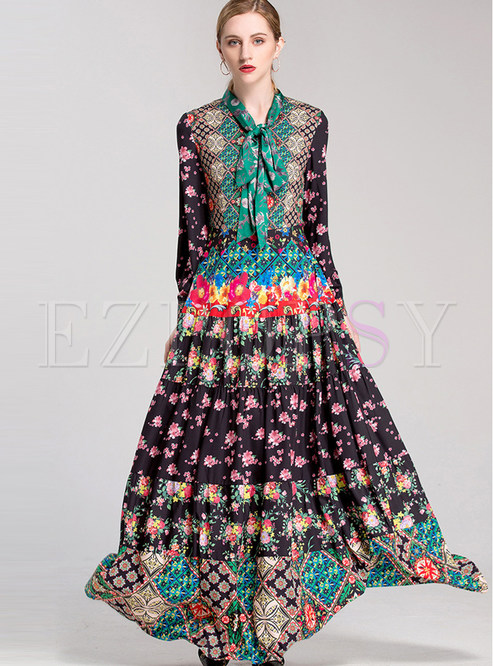 Dresses | Maxi Dresses | Ethnic Floral Long Sleeve High Waist Maxi Dress