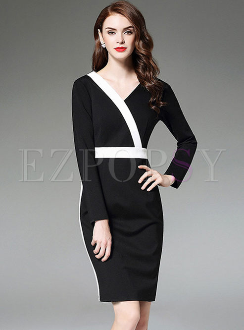 Black V-neck Tie Long Sleeve Bodycon Dress