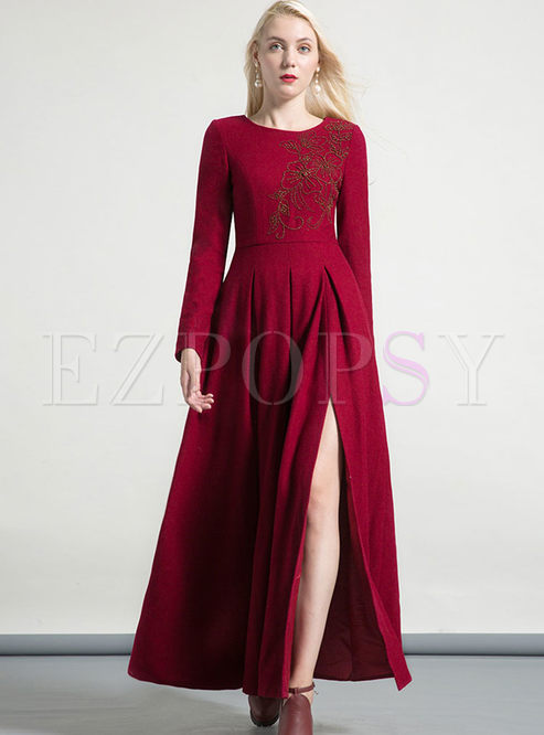 red full sleeve maxi dress