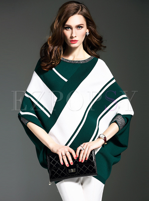 Green Brief Bat Sleeve Color-blocked Sweater