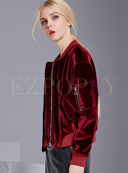 Outwear | Jackets/Coats | Deep Red Stylish Velvet Zip Coat