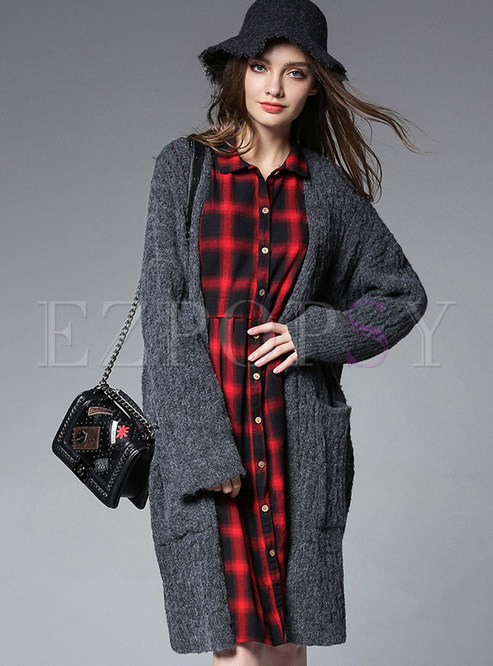 Grey Casual Knitted With Pockets Coat