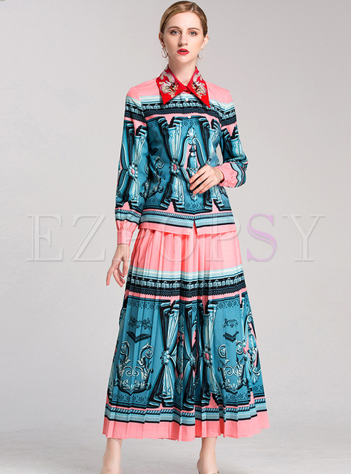 Ethnic Multicolor Print Lapel Two-piece Outfits
