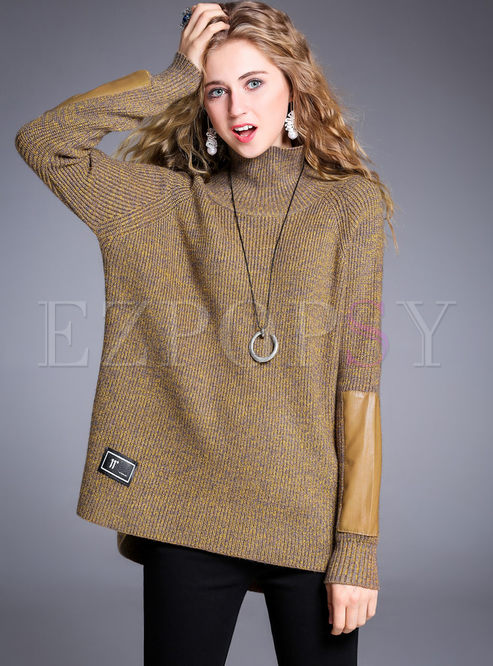 Loose Turtle Neck Patch Long Sleeve Sweater