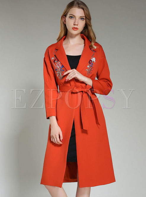 Long Sleeve Embroidered Slim Trench Coat