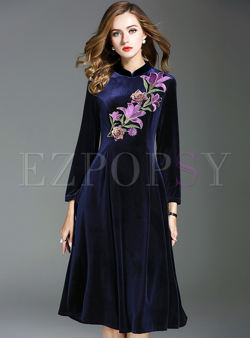 Vintage Embroidery Stand Collar A-line Dress