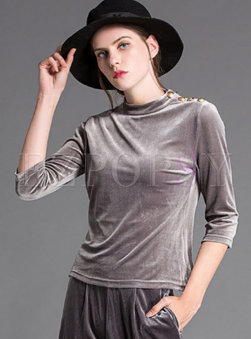 Fashion Stand Collar Three Quarters Sleeve Velvet T-shirt