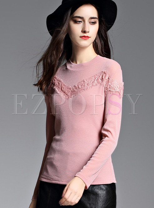 Pink Fashion Lace O-neck Sweater