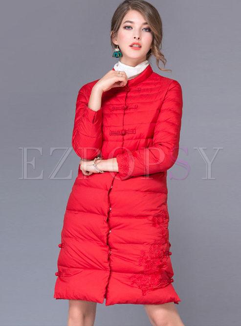 Brief Stand Collar Embroidery Down Coat