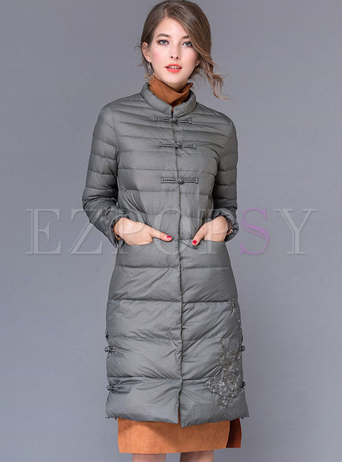 Brief Stand Collar Embroidery Down Coat