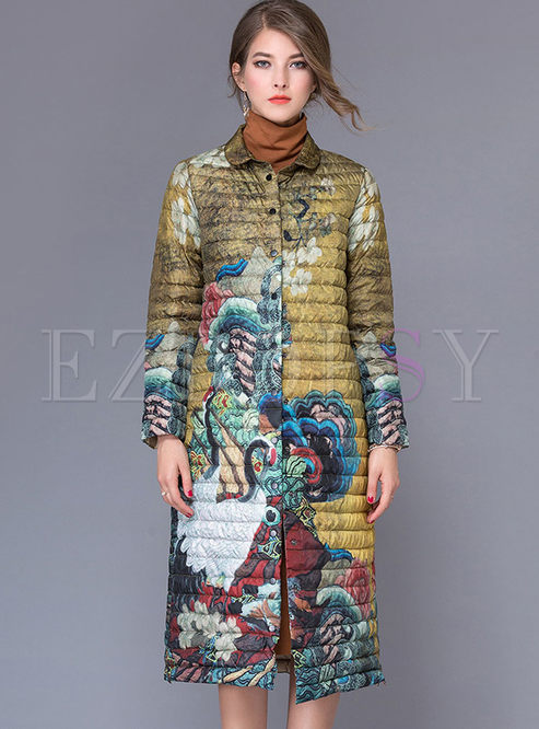 Ethnic Floral Print Turn Down Collar Down Coat
