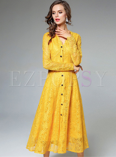 Yellow Party Lace V-neck Buttoned Skater Dress