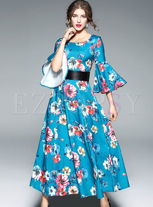 Dresses | Maxi Dresses | Blue Floral Print Flare Sleeve Belted Maxi Dress