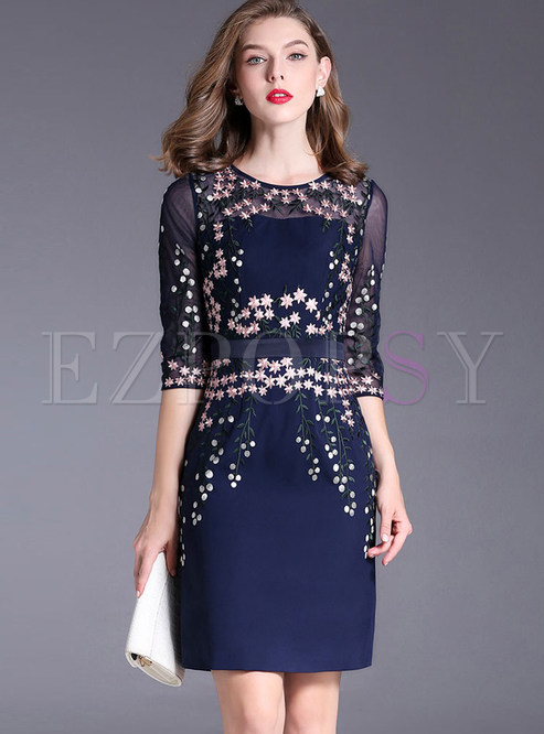 Dresses Bodycon Dresses Navy Blue Sexy Floral See Through Belted Bodycon Dress 6363