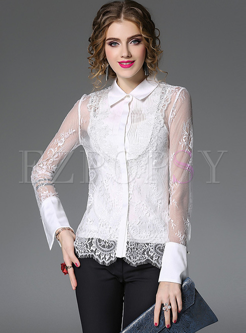 Sexy Lace Perspective Lapel Slim Blouse