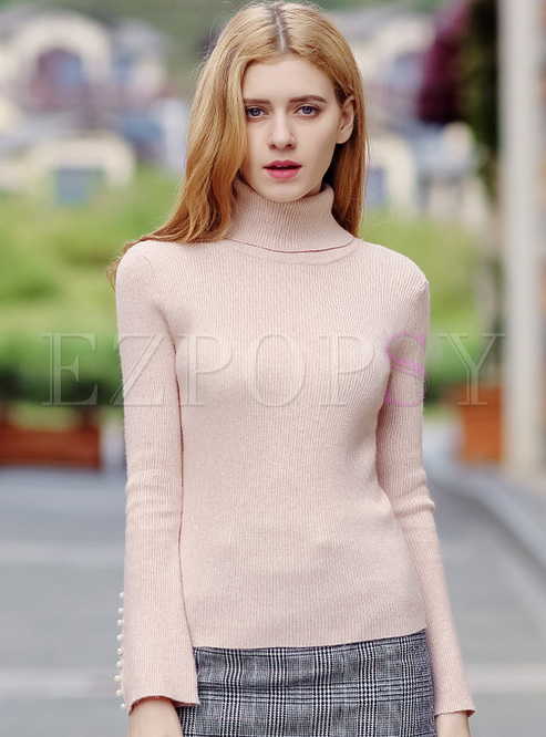 Pink High Neck Beaded Flare Sleeve Sweater