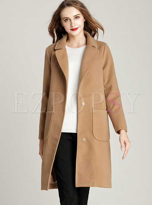 Camel Notched Straight Overcoat With Pockets