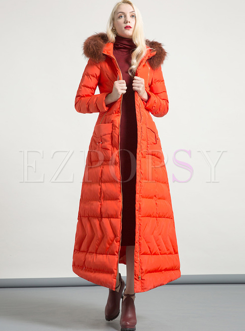 Red Hooded Pocketed A-line Long Down Coat