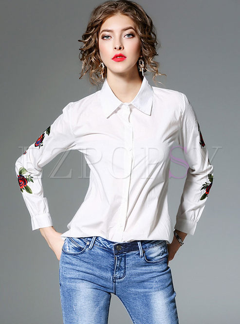 Tops | Blouses | Lapel Embroidered Long Sleeve Blouse
