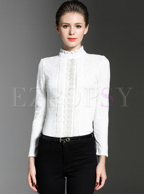 Sweet Stand Collar Stitching Stringy Selvedge Blouse
