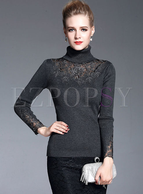 Tops | Sweaters | Sexy Lace Splicing Turtle Neck Sweater