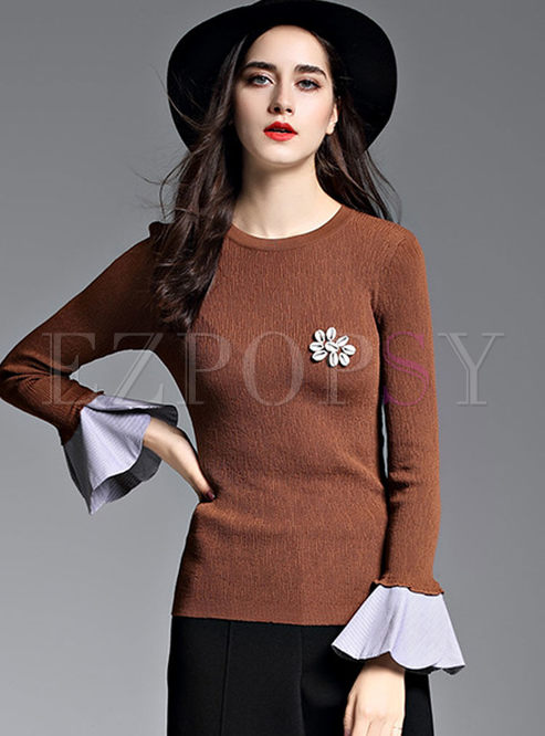 Brief Patch Flare Sleeve Splicing Knitted T-shirt