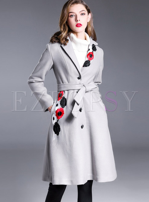 Outwear | Jackets/Coats | Grey Chic Tie Waist Embroidery Single ...