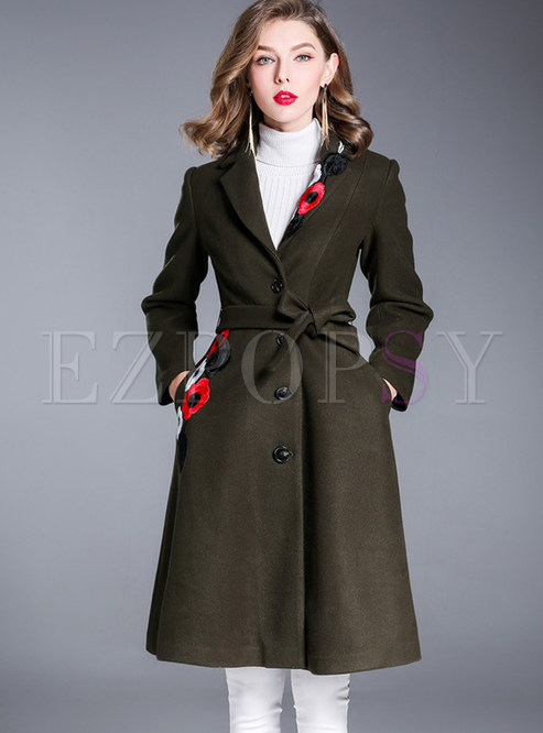 Deep Green Chic Tie Waist Embroidery Single-breasted Coat