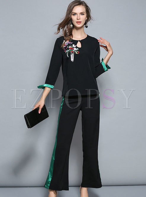 Black Embroidery O-neck T-shirt & Hit Color Striped Flare Pants