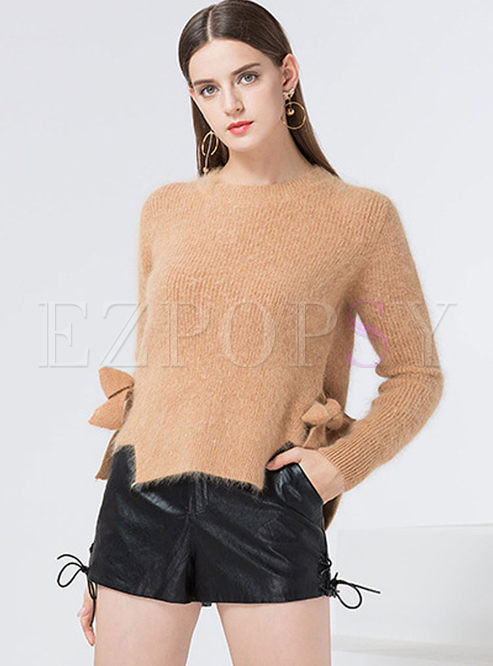 Brief Pullover Asymmetric-hem O-neck Sweater