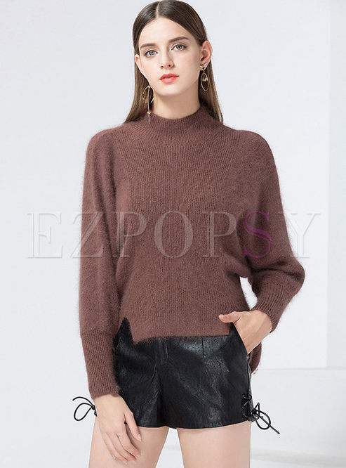 Deep Brown Brief High Neck Pullover Asymmetric Sweater