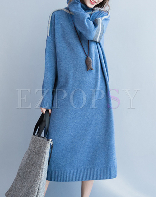 Brief High Neck Color-blocked Knitted Dress