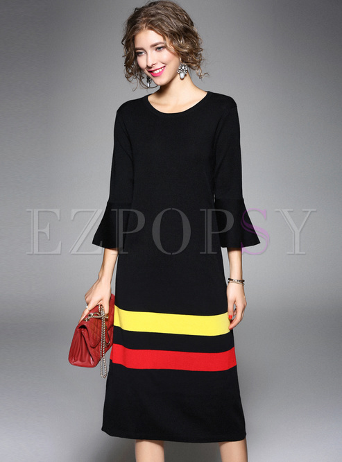 Casual Flare Sleeve Color-blocked Knitted Dress